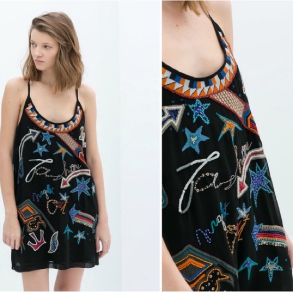 Zara Beaded Embroidered Red Green Dress Dress - Picture 2 of 7